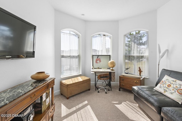 sitting room featuring a healthy amount of sunlight and light colored carpet