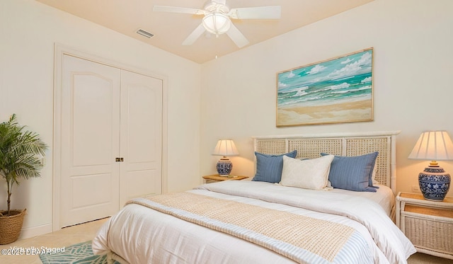 540 Leeway Trl, Ormond Beach, FL 32174 - bedroom with a closet, ceiling fan, and tile patterned flooring