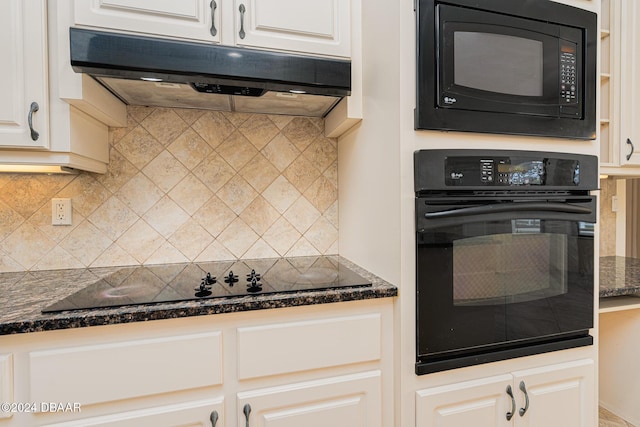 540 Leeway Trl, Ormond Beach, FL 32174 - kitchen with black appliances, under cabinet range hood, backsplash, and white cabinetry