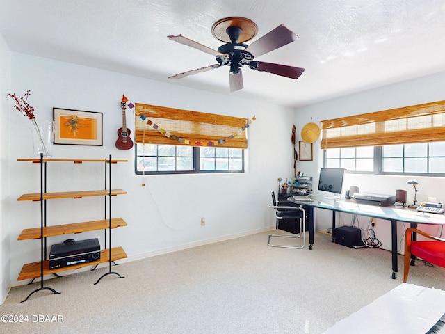 office space with a textured ceiling, carpet floors, and ceiling fan