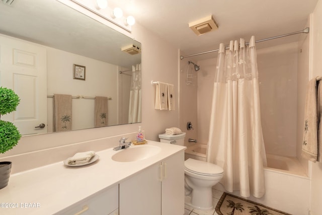 full bathroom with toilet, shower / tub combo, tile patterned floors, and vanity