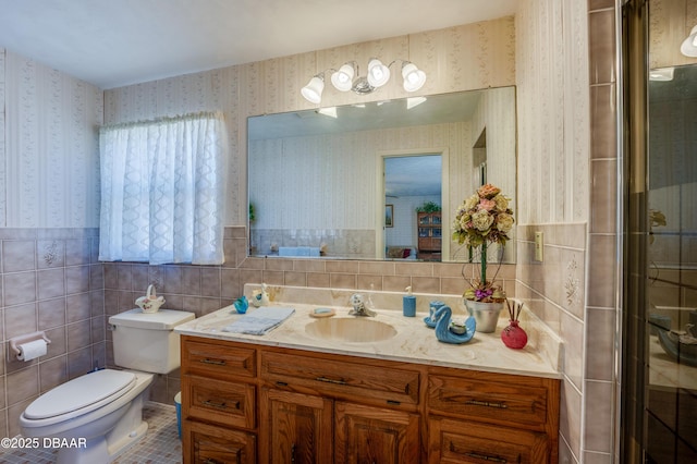 45 Harvard Dr, Ormond Beach, FL 32176 - bathroom featuring toilet, wallpapered walls, tile patterned flooring, a shower stall, and vanity
