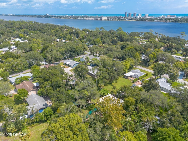 drone / aerial view featuring a water view