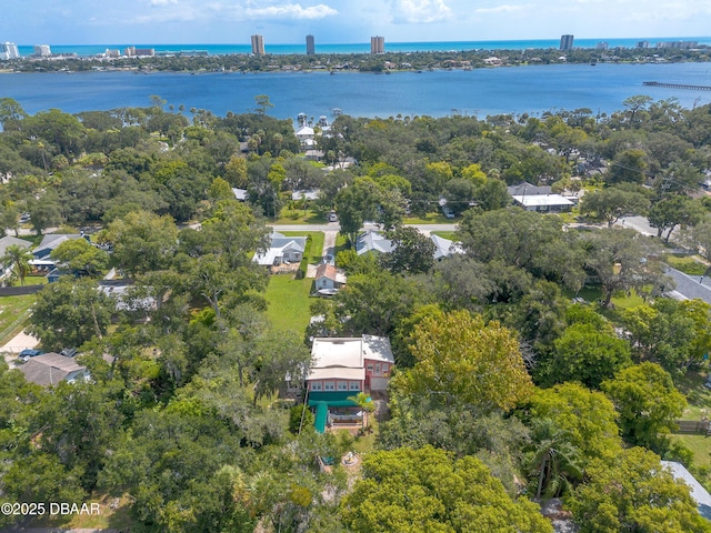 bird's eye view with a water view