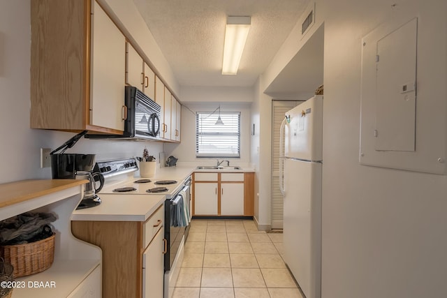 kitchen with sink, electric stove, light tile patterned floors, white refrigerator, and electric panel