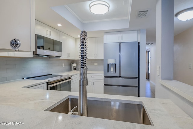 kitchen featuring stainless steel appliances, white cabinetry, light stone countertops, and a tray ceiling