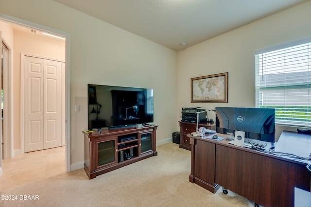 office area with a textured ceiling and light colored carpet