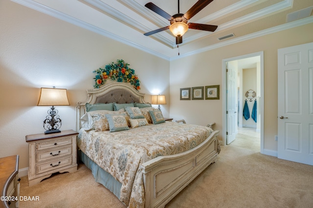 bedroom with ceiling fan, a raised ceiling, light carpet, and crown molding