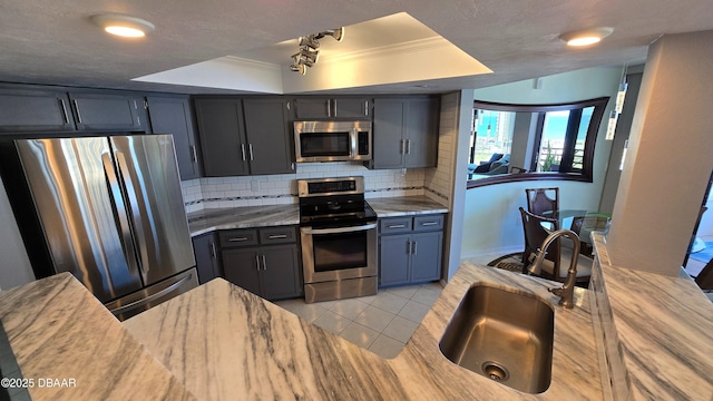 kitchen with tasteful backsplash, appliances with stainless steel finishes, ornamental molding, a sink, and a tray ceiling