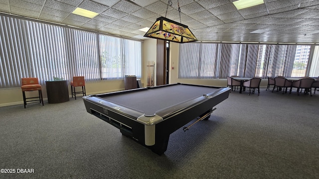 recreation room with carpet, a healthy amount of sunlight, and billiards