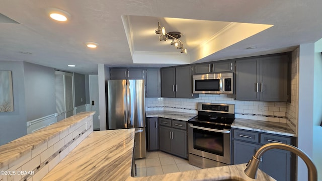 kitchen with tasteful backsplash, a sink, a raised ceiling, stainless steel appliances, and ornamental molding