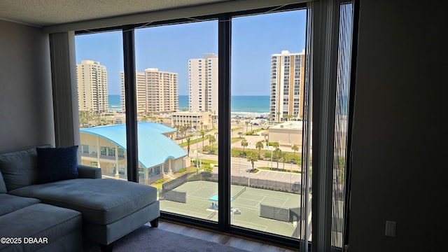 entryway with a view of city, a water view, wood finished floors, and plenty of natural light