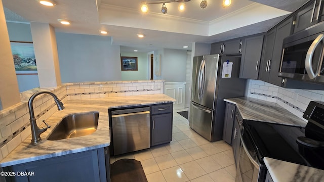 kitchen with tasteful backsplash, stainless steel appliances, a sink, crown molding, and a tray ceiling