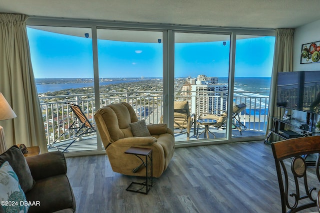 interior space with a water view