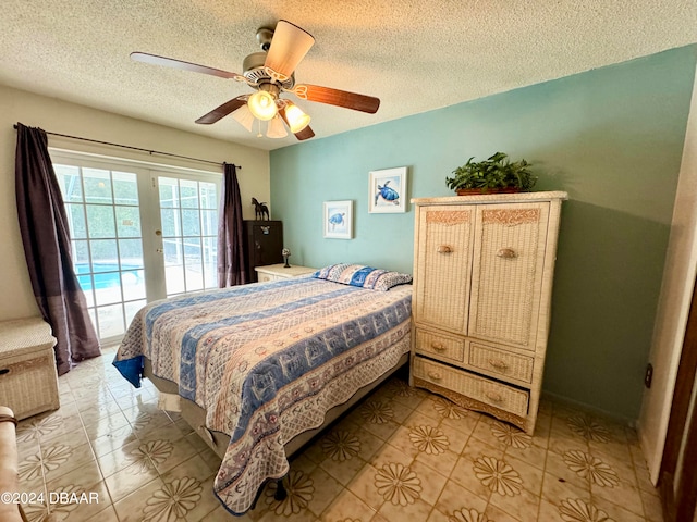 tiled bedroom featuring a textured ceiling, access to outside, and ceiling fan