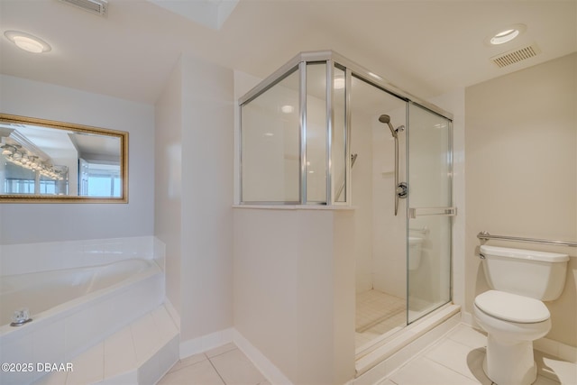 bathroom with tile patterned flooring, plus walk in shower, and toilet