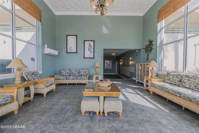 interior space with crown molding and a high ceiling