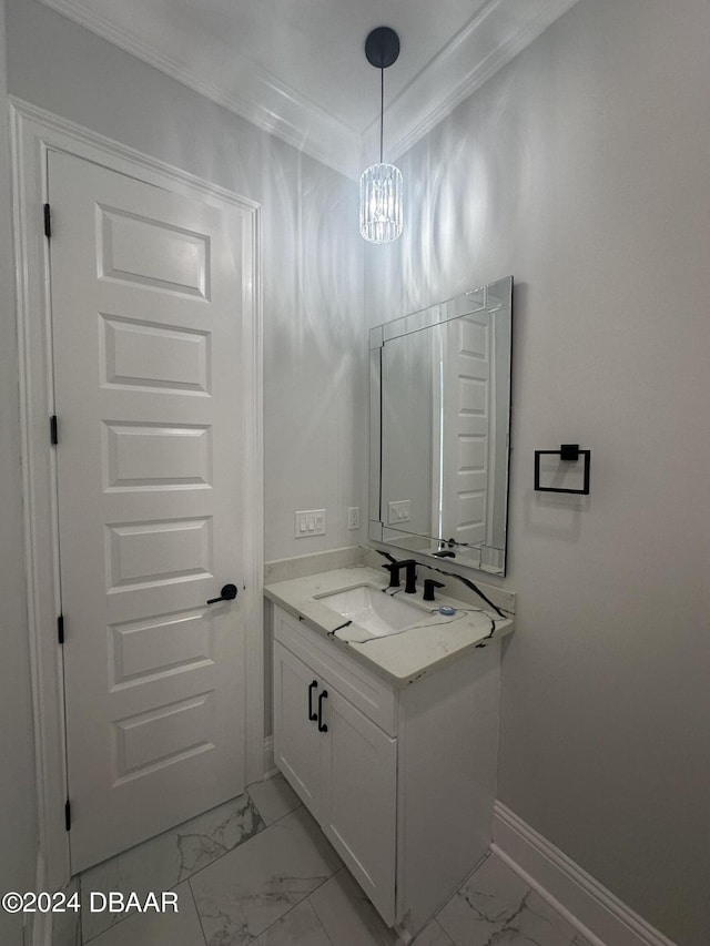 142 Sandpiper Ridge Dr, Ormond Beach, FL 32176 - bathroom featuring ornamental molding, vanity, marble finish floors, baseboards, and a chandelier