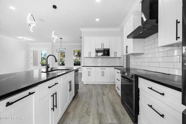 142 Sandpiper Ridge Dr, Ormond Beach, FL 32176 - kitchen featuring wall chimney exhaust hood, a sink, black range with electric stovetop, dark countertops, and ornamental molding