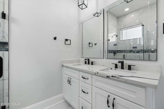 142 Sandpiper Ridge Dr, Ormond Beach, FL 32176 - bathroom featuring double vanity, a shower stall, and baseboards