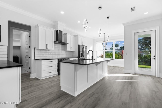 142 Sandpiper Ridge Dr, Ormond Beach, FL 32176 - kitchen with wall chimney exhaust hood, range with electric cooktop, stainless steel fridge with ice dispenser, a sink, and dark countertops