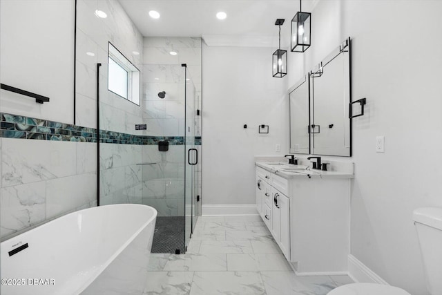 142 Sandpiper Ridge Dr, Ormond Beach, FL 32176 - full bath with marble finish floors, a soaking tub, a stall shower, vanity, and toilet