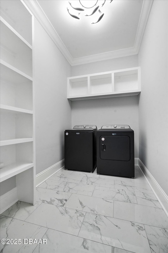 142 Sandpiper Ridge Dr, Ormond Beach, FL 32176 - laundry area featuring ornamental molding, separate washer and dryer, baseboards, and light marble finish floors