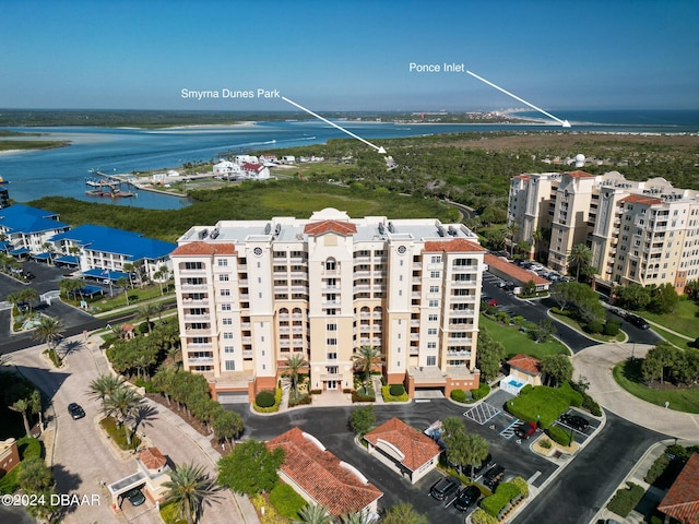 aerial view featuring a water view