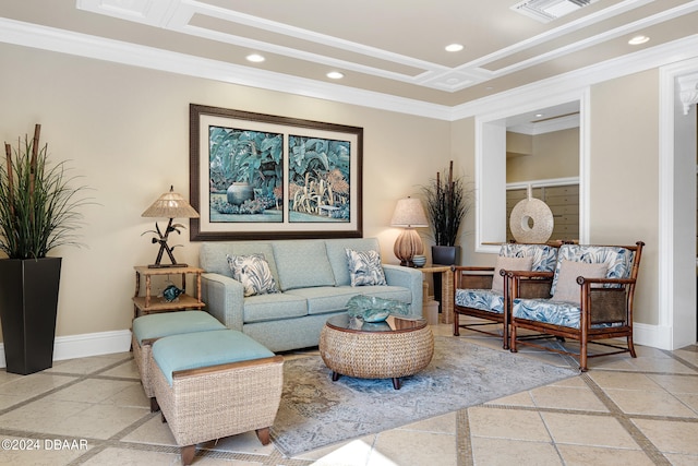 living room featuring ornamental molding and light tile patterned floors