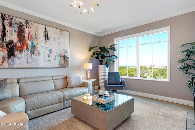 living room with light tile patterned floors, an inviting chandelier, and crown molding