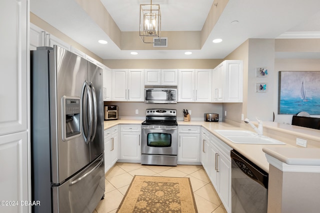 kitchen featuring stainless steel appliances, white cabinetry, sink, kitchen peninsula, and pendant lighting