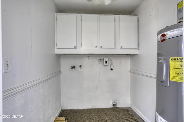 washroom featuring electric dryer hookup, cabinet space, dark colored carpet, hookup for a washing machine, and electric water heater