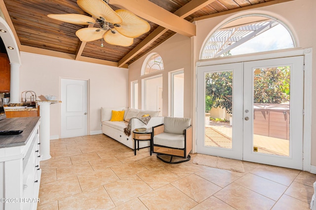 46 Oceanview Ave, Ponce Inlet, FL 32127 - sitting room featuring a wood ceiling with exposed beams, french doors, a ceiling fan, and high vaulted ceiling