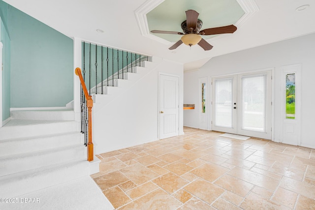 46 Oceanview Ave, Ponce Inlet, FL 32127 - foyer entrance featuring stone tile flooring, french doors, stairway, and ceiling fan