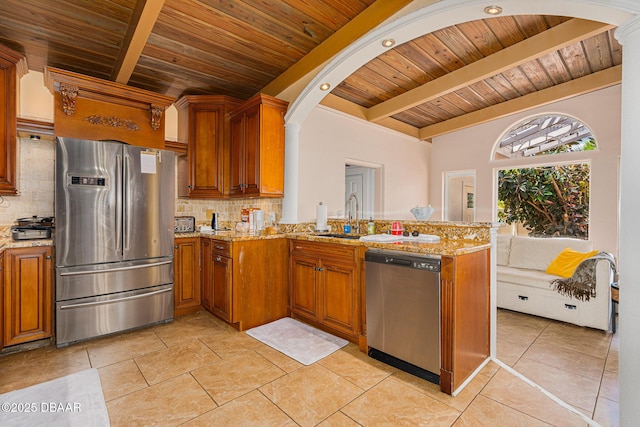 46 Oceanview Ave, Ponce Inlet, FL 32127 - kitchen featuring appliances with stainless steel finishes, a wooden ceiling with exposed beams, tasteful backsplash, brown cabinets, and a peninsula