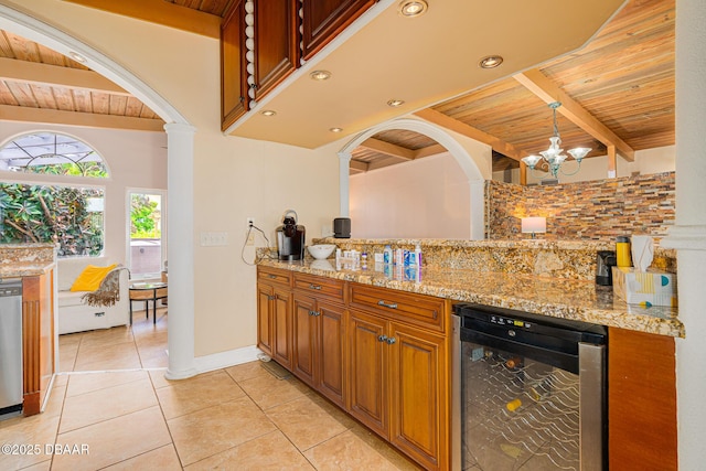 46 Oceanview Ave, Ponce Inlet, FL 32127 - indoor dry bar with wine cooler, a wood ceiling with exposed beams, decorative backsplash, light tile patterned flooring, and recessed lighting