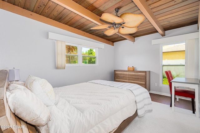 46 Oceanview Ave, Ponce Inlet, FL 32127 - bedroom featuring a wood ceiling with exposed beams and a ceiling fan
