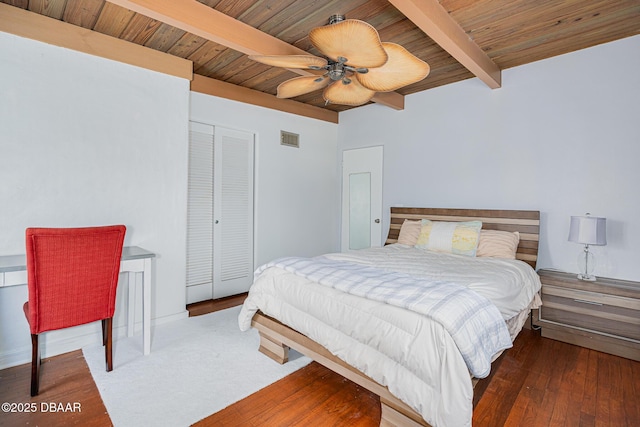 46 Oceanview Ave, Ponce Inlet, FL 32127 - bedroom with a wood ceiling with exposed beams, wood finished floors, and a ceiling fan