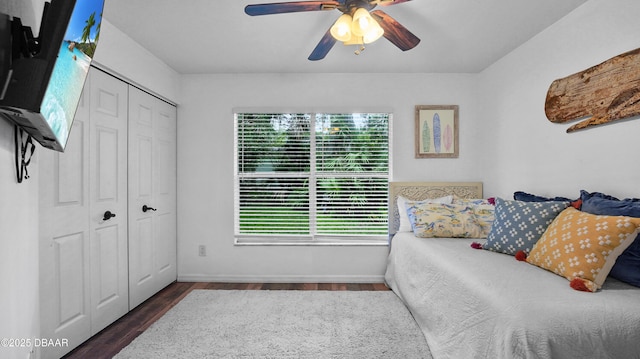 156 Holly Hill Ct, New Smyrna Beach, FL 32168 - bedroom with multiple windows, wood finished floors, a closet, and ceiling fan