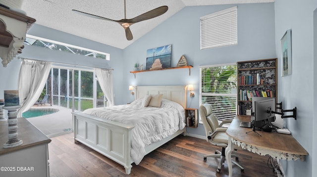 156 Holly Hill Ct, New Smyrna Beach, FL 32168 - bedroom featuring access to exterior, a desk, wood finished floors, high vaulted ceiling, and ceiling fan