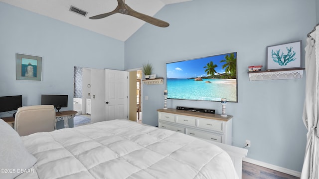156 Holly Hill Ct, New Smyrna Beach, FL 32168 - bedroom with high vaulted ceiling, wood finished floors, and a ceiling fan