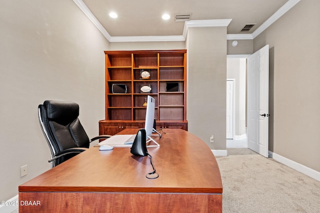 1305 Dovercourt Ln, Ormond Beach, FL 32174 - office featuring ornamental molding, carpet flooring, baseboards, and recessed lighting
