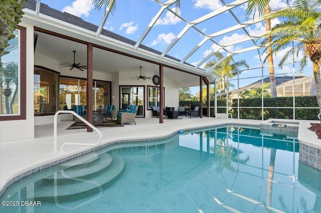 1305 Dovercourt Ln, Ormond Beach, FL 32174 - view of swimming pool with outdoor lounge area, a ceiling fan, a patio area, and glass enclosure