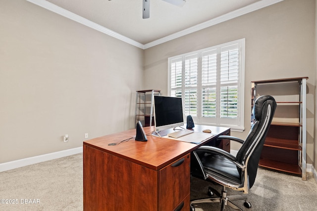 1305 Dovercourt Ln, Ormond Beach, FL 32174 - office featuring carpet floors, a ceiling fan, ornamental molding, and baseboards