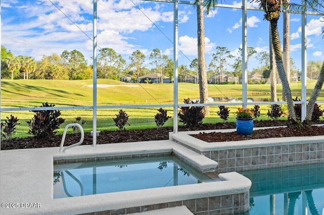1305 Dovercourt Ln, Ormond Beach, FL 32174 - view of pool with view of golf course, a lawn, and a water view