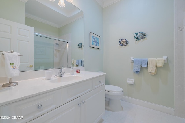 bathroom featuring walk in shower, tile patterned floors, crown molding, toilet, and vanity