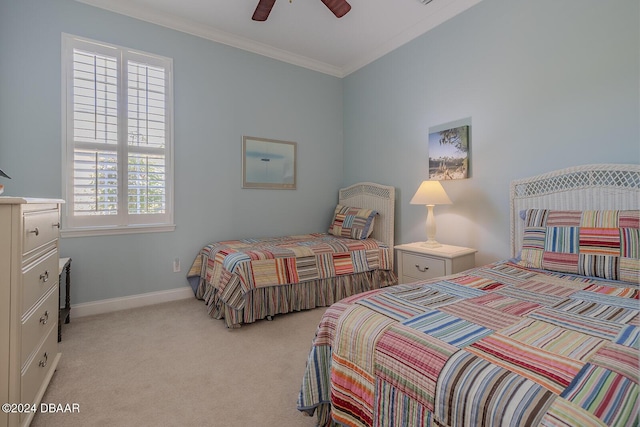 carpeted bedroom featuring multiple windows, crown molding, and ceiling fan