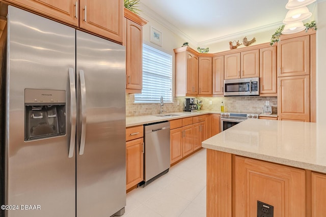 kitchen with light brown cabinets, crown molding, sink, decorative backsplash, and stainless steel appliances