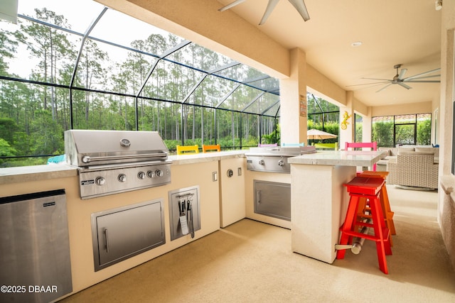 150 Portofino Blvd, New Smyrna Beach, FL 32168 - view of patio / terrace with exterior kitchen, ceiling fan, and glass enclosure