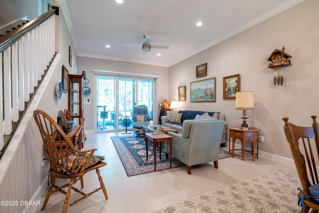 tiled living room with ceiling fan and ornamental molding